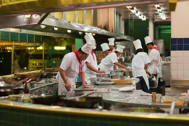 Restaurant kitchen staff working